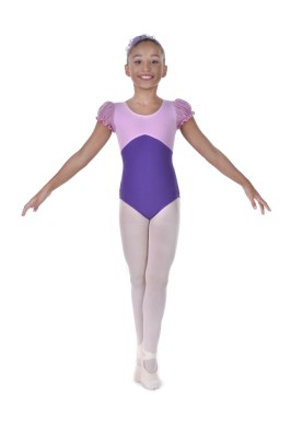 Girls bicoloured puff sleeved leotard pinched key hole